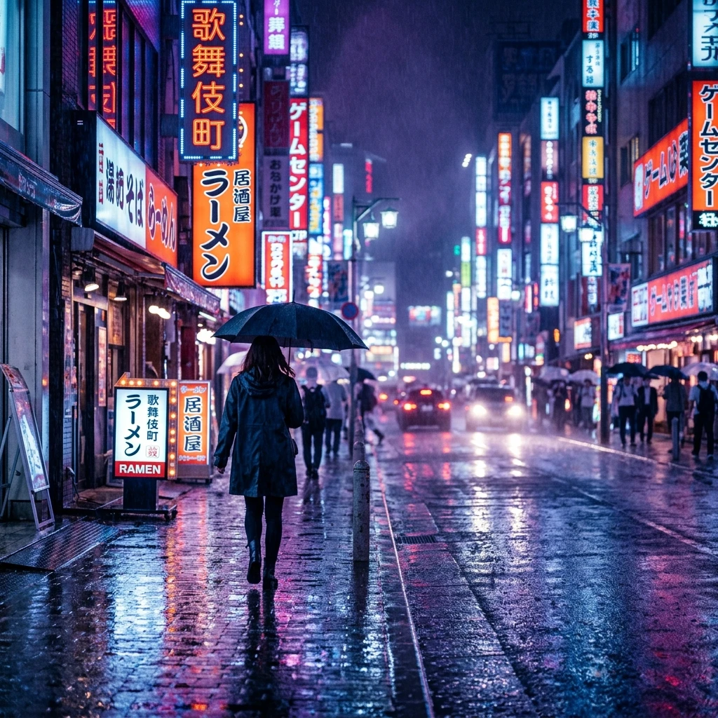 Seedance AI video generator interface showing a cinematic AI-generated video of a woman walking through neon-lit Tokyo streets at night — powered by ByteDance's Seedance model